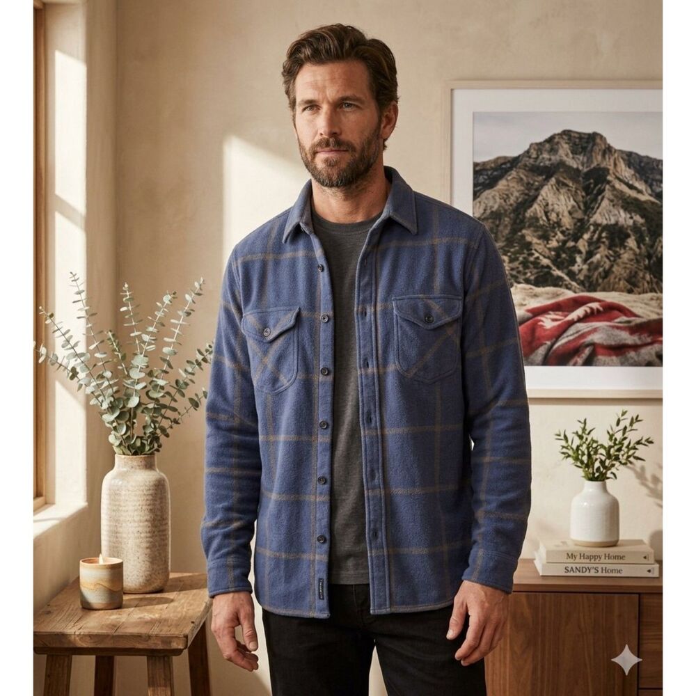 Wallace & Barnes Flannel Shirt Mens L Blue Plaid 100% Cotton Workwear K2518